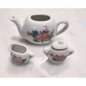 Mini Doll Bone China Tea Pot, Creamer & Sugar‎ AGGLO Pink Bouquet On White